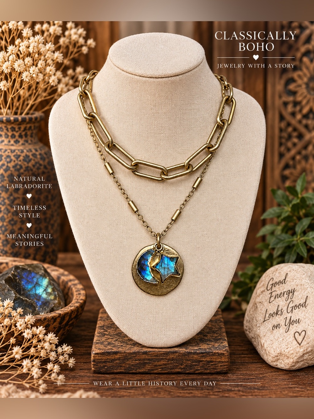 🌙 Celestial Glow | Labradorite Moon & Star Double Gold Chain Necklace
